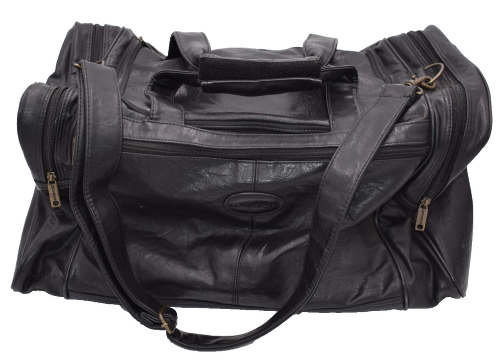 CONVERSE Gym Duffle Bag - Black Faux Leather w/Crossbody Strap - 19x10x10